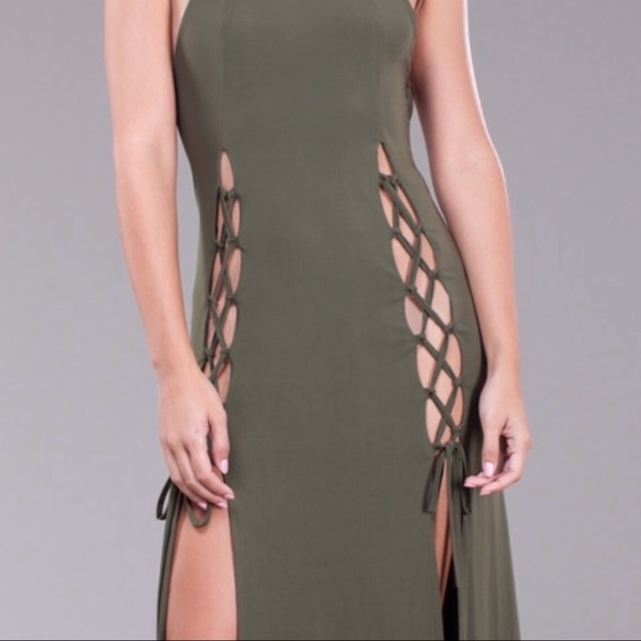 Last 1! Olive Lace Up High Slit Criss Cross Maxi Dress - Picture 4 of 8